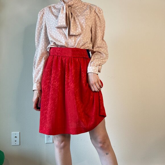 Vintage Red Jacquard Satin Mini Skirt w/Matching Belt 23" Stretch Waist - Picture 12 of 14